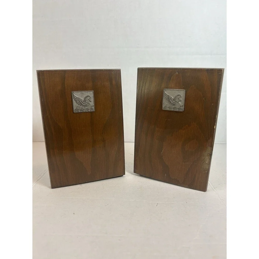 Pegasus Wood Bookends Mid Century Metal Inlay Horse 6.75” Tall Vintage Set of 2